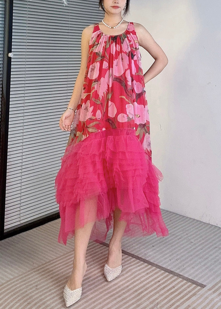 Red Asymmetrical Tulle Patchwork Dresses O-neck Summer