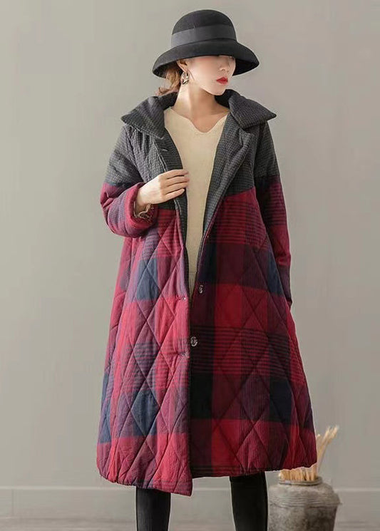 Red Pockets Plaid Patchwork Fine Cotton Filled Coats Winter