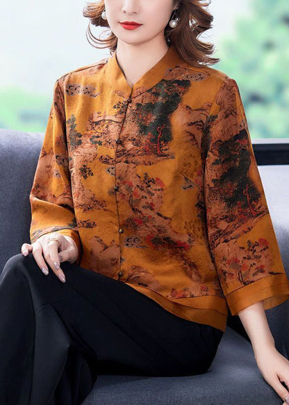 Yellow Stand Collar Print Silk Blouse Tops Bracelet Sleeve