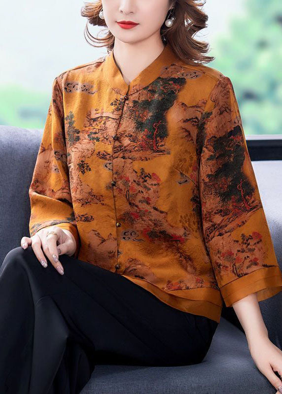 Yellow Stand Collar Print Silk Blouse Tops Bracelet Sleeve