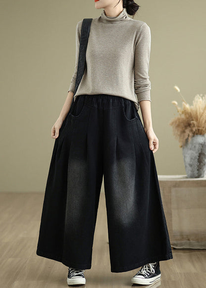 Stylish Black Oversized Denim Wide Leg Pants Summer