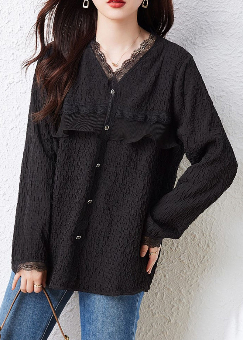Black V Neck Ruffled Lace Patchwork Top Fall