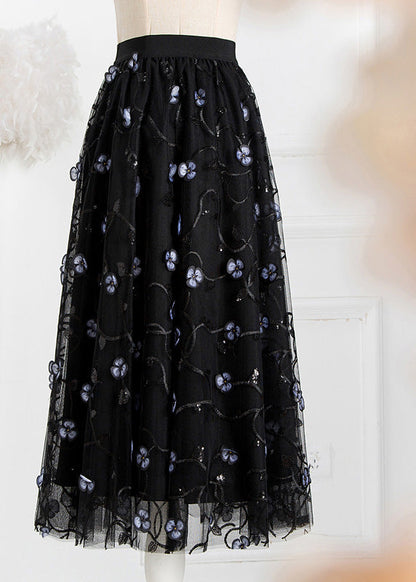 Art Black Embroideried High Waist Tulle Pleated Skirts Spring