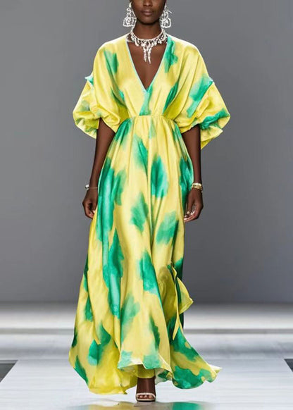 Handmade Yellow V Neck Print Silk Holiday Dress Batwing Sleeve Summer