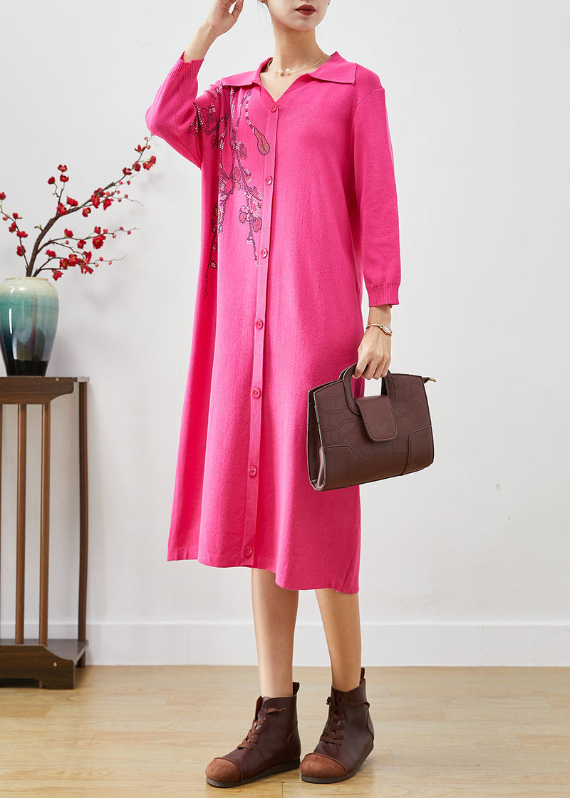 Italian Rose Print Button Down Knit Long Dress Fall
