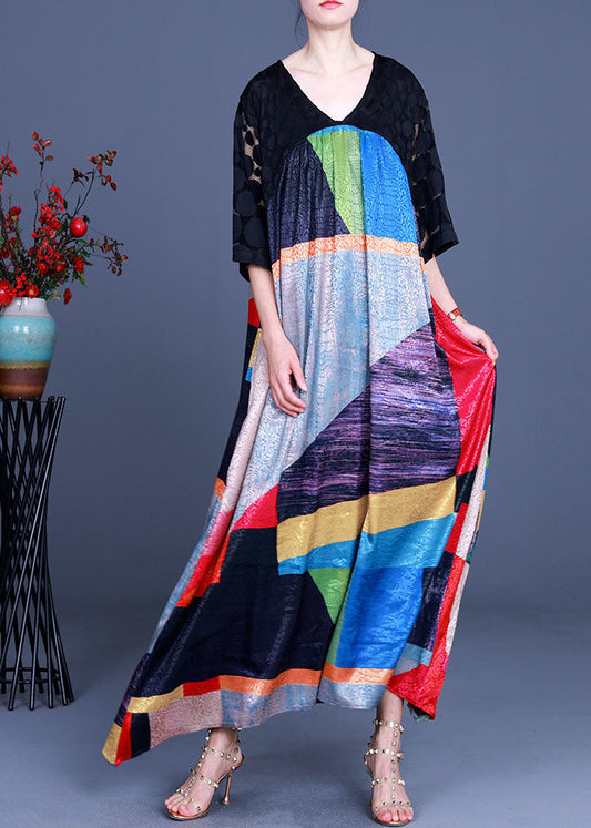 Black V Neck Patchwork Long Dress Half Sleeve
