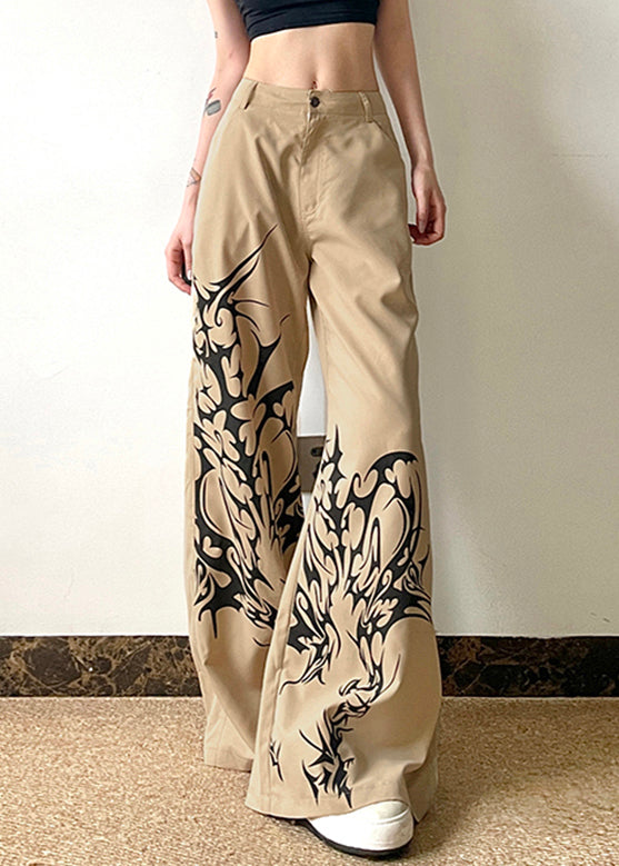 Khaki Print High Waist Cotton Wide Leg Pants Summer