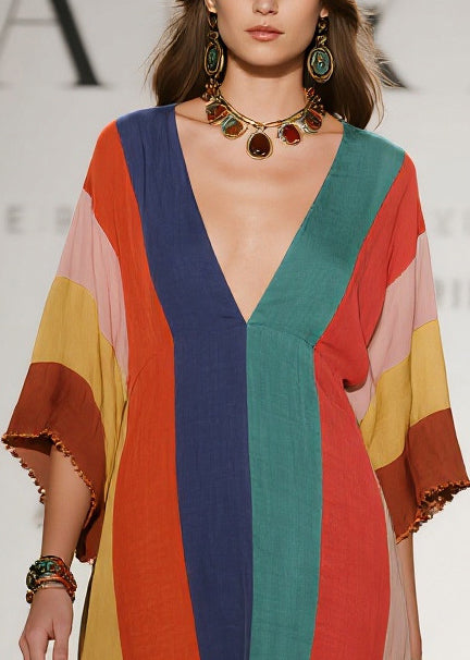 Multicolored Striped Flower Decorated Cotton Dresses Summer
