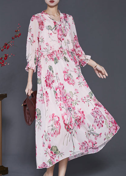 Pink Ruffled Print Chiffon Dress Spring