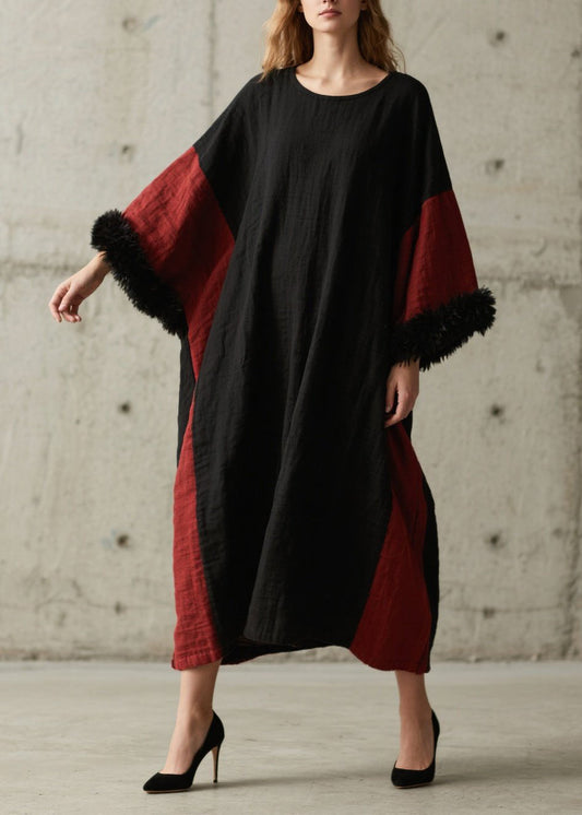 Organic Colorblock O Neck Patchwork Cotton Dress Fall