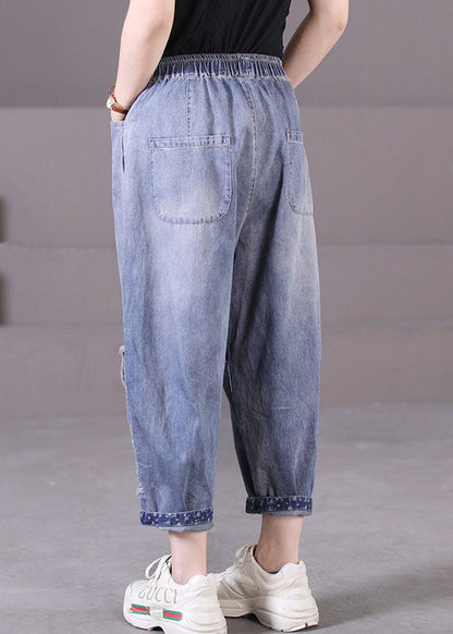 Blue Elastic Waist Pockets Patchwork Applique Cotton Denim Harem Pants Summer