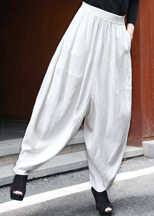 Modern White Elastic Waist Pockets Asymmetrical Design Spring Pants