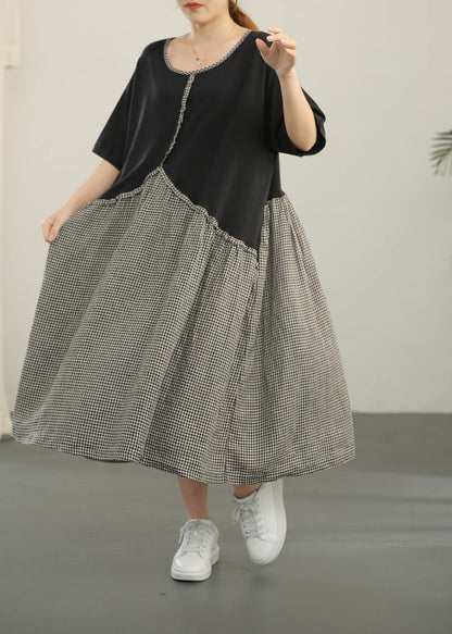 Loose Black Patchwork Plaid Asymmetrical Design Dresses Summer Cotton Linen