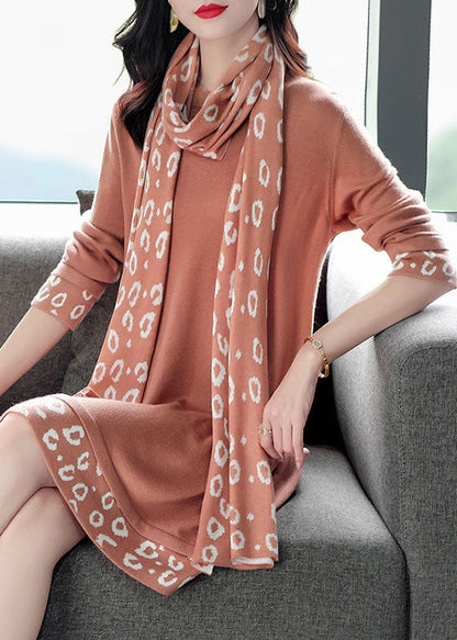 Pink O-neck Patchwork Scarf Long Knit Dress Long Sleeve
