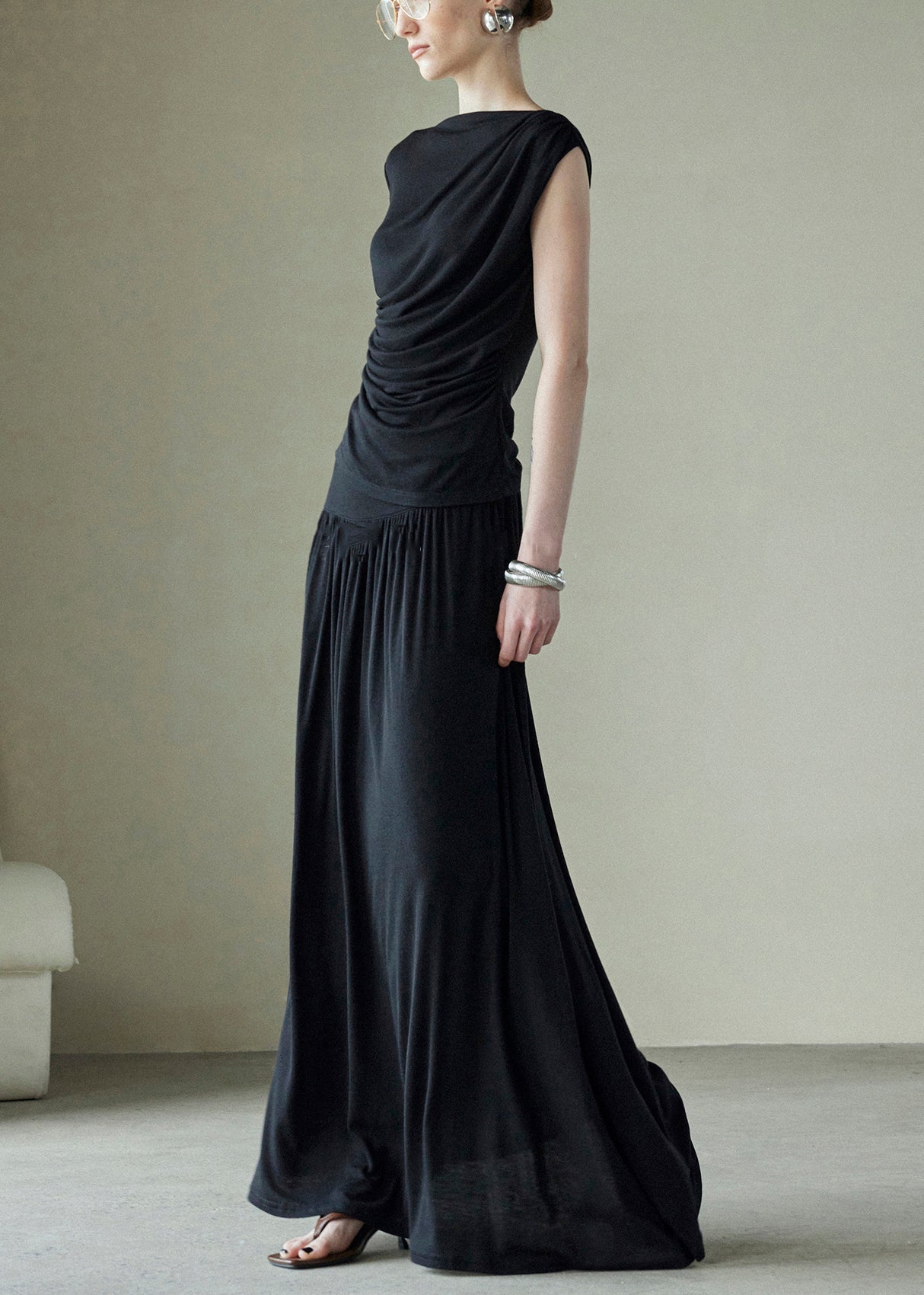 New Black Wrinkled Silk Cotton Two Piece Set Sleeveless