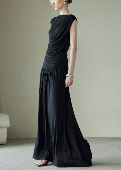 New Black Wrinkled Silk Cotton Two Piece Set Sleeveless