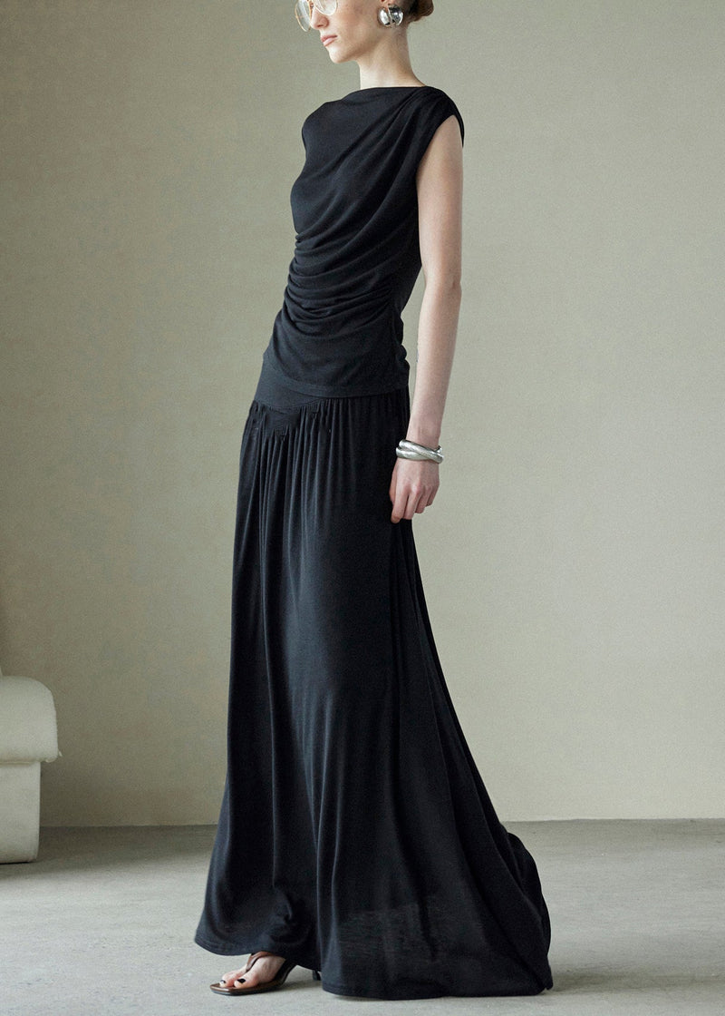New Black Wrinkled Silk Cotton Two Piece Set Sleeveless