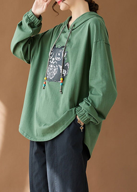 Green Hooded Print Side Open Cotton Top Fall