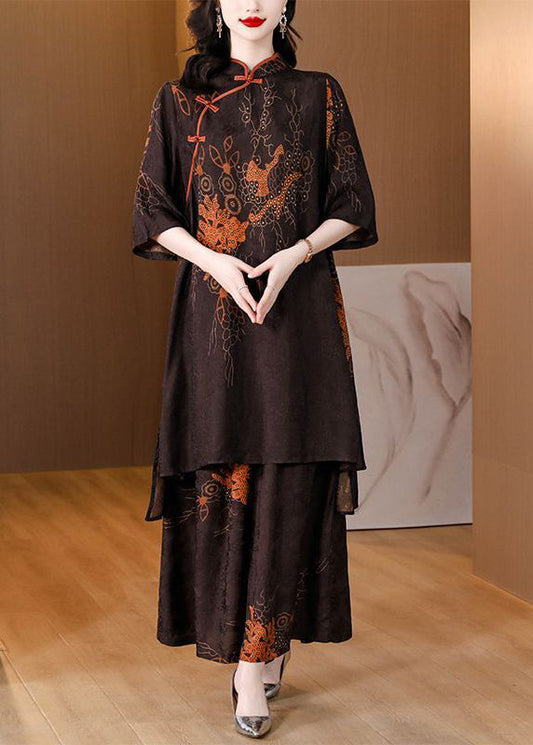 Chinese Style Coffee Print Silk Cheongsam Two Pieces Set Spring