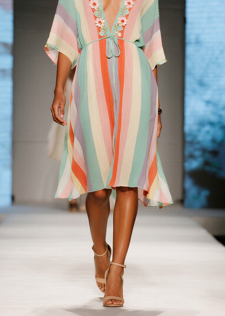 French Colorblock V Neck Cotton Mid Dresses Summer