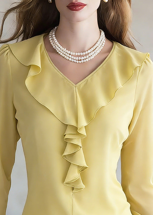 Brief Yellow V Neck Silk Shirt Spring