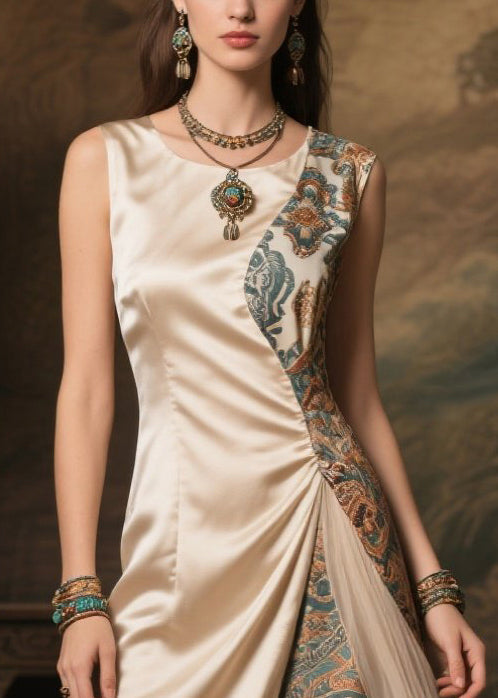 Champagne Asymmetrical Patchwork Jacquard Silk Dress Sleeveless