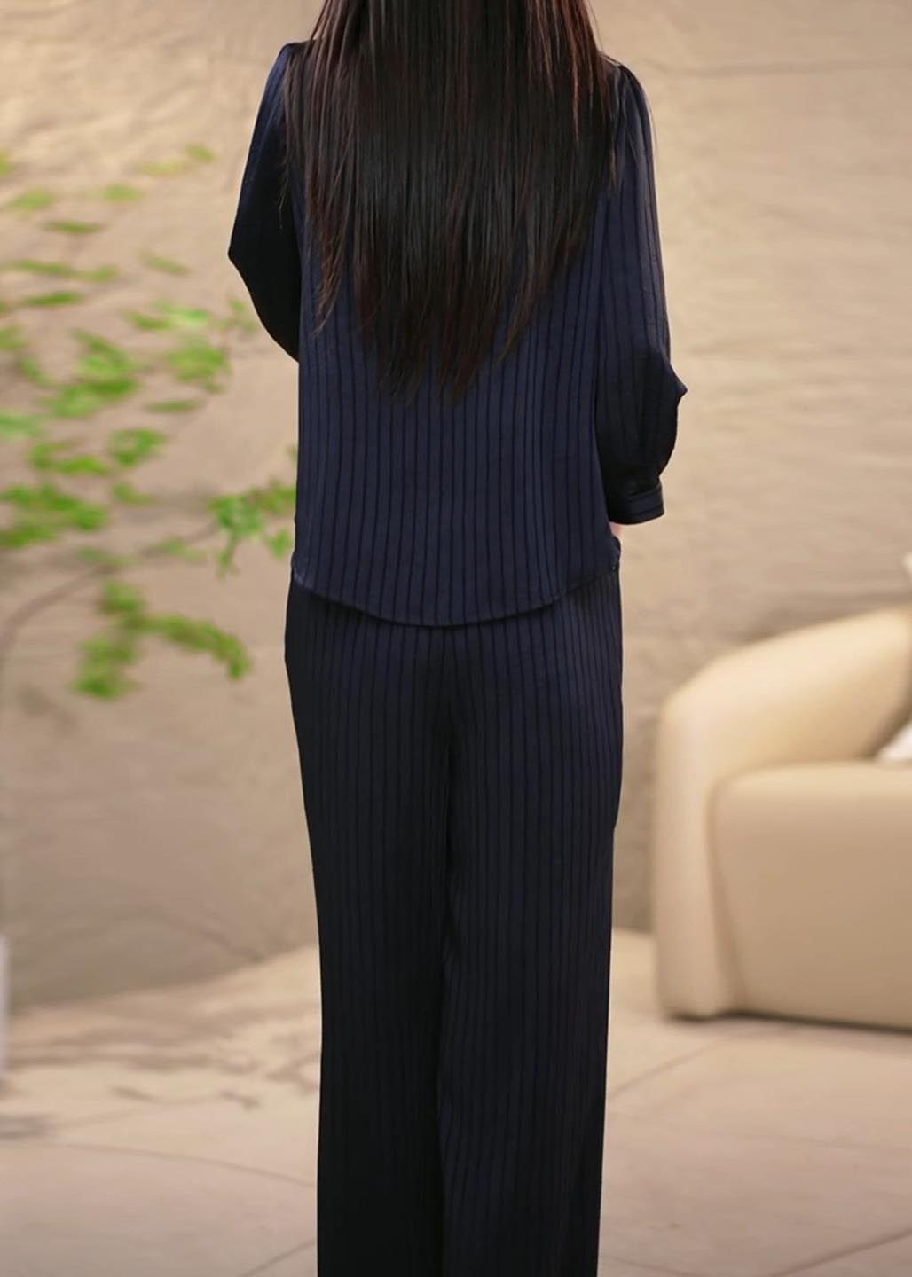 Navy Striped Draping Spandex Two Pieces Set Fall