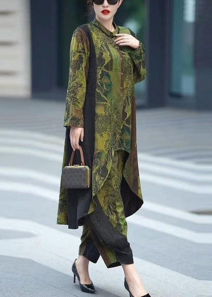 Green Button Patchwork Tops and Crop Pants Silk Two Pieces Set Fall