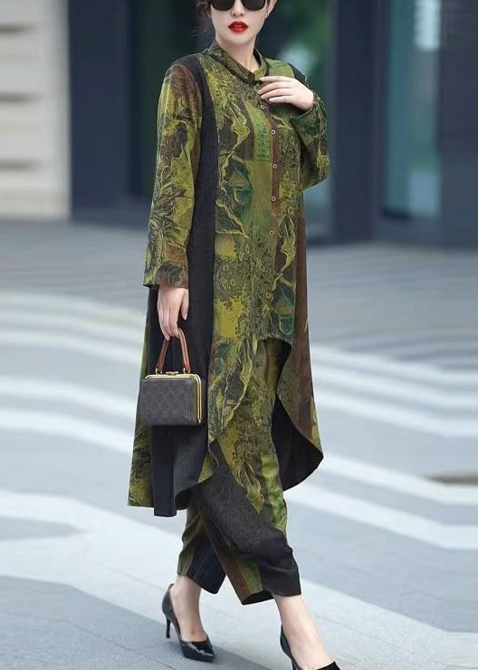 Green Button Patchwork Tops and Crop Pants Silk Two Pieces Set Fall