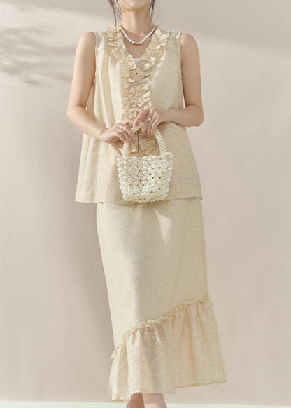Loose Apricot Vest and Maxi Skirts Two-piece Set Sleeveless