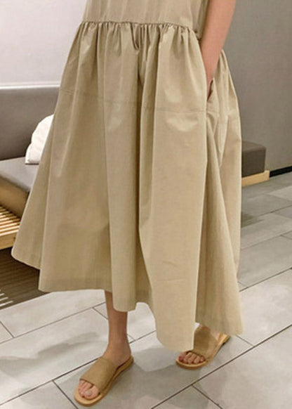 Diy Khaki O-neck Wrinkled Patchwork Cotton Long Dresses Short Sleeve