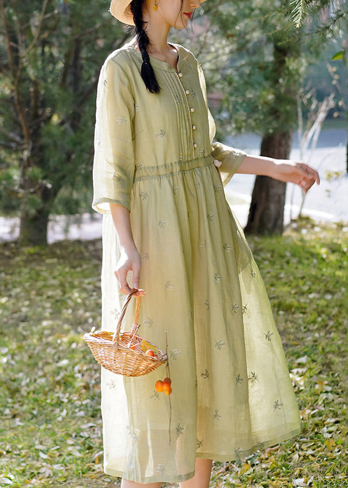 Green Tie Waist Linen Dresses O-neck Bracelet Sleeve