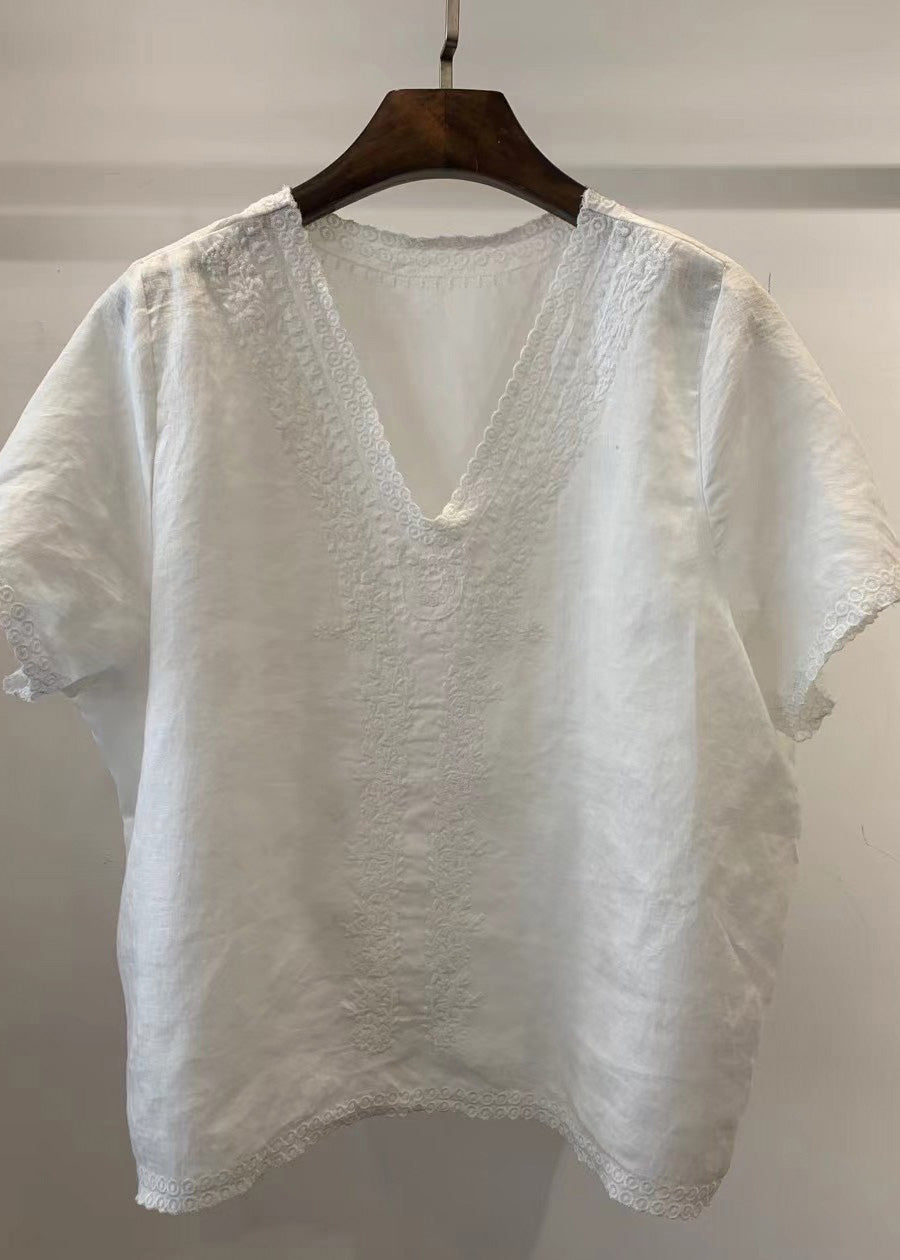 Unique Light Blue V Neck Embroidered Linen Shirt Tops Summer