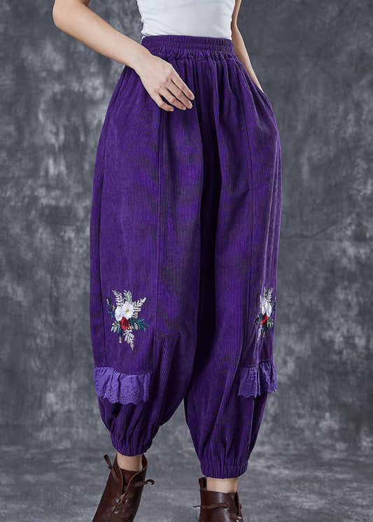 Dull Purple Embroideried Patchwork Corduroy Pants Fall