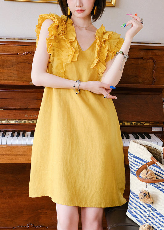 Yellow V Neck Ruffled Tulle Patchwork Mid Dress Sleeveless