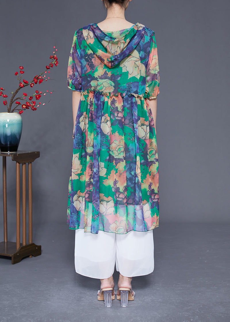 Green Hooded Ruffled Print Chiffon Dress Summer