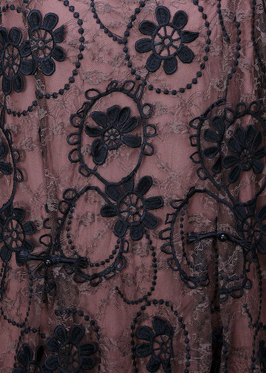 Pink O-neck Embroideried Lace Holiday Long Dress Long Sleeve