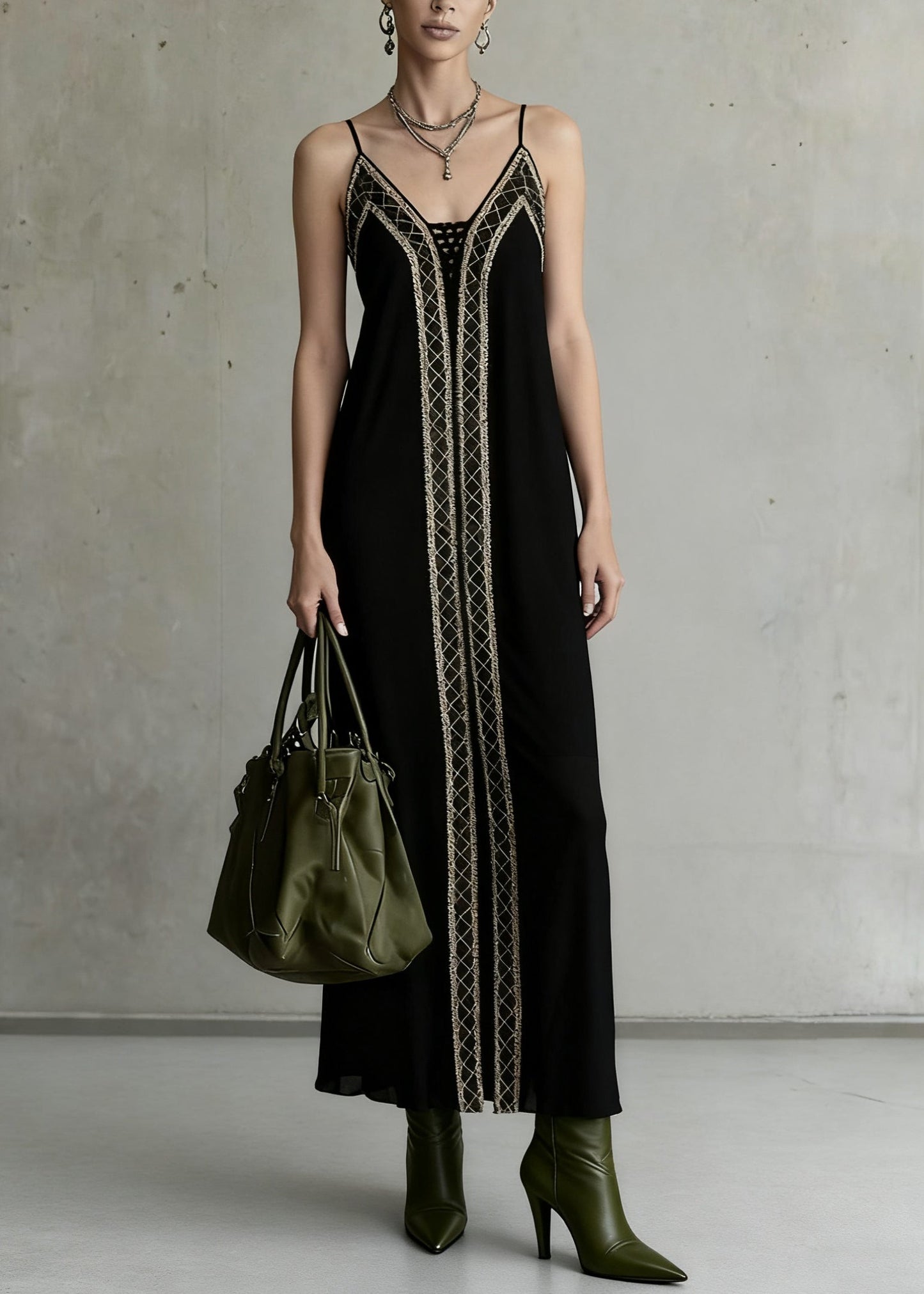 Slim Fit Black Backless Plaid Spaghetti Strap Dress Sleeveless