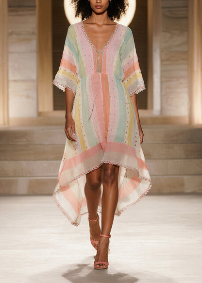 Colorblock Striped Low High Design Cotton Dress Summer