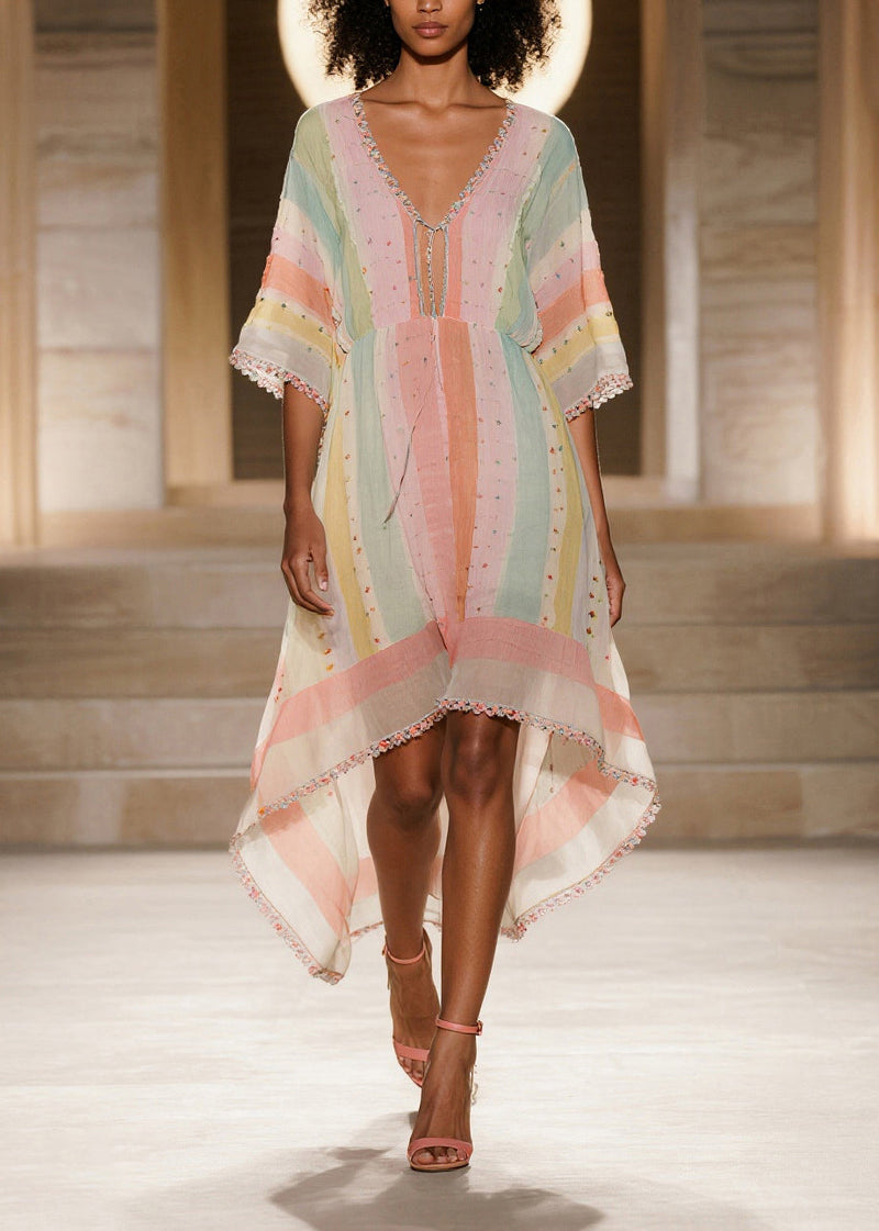 Colorblock Striped Low High Design Cotton Dress Summer