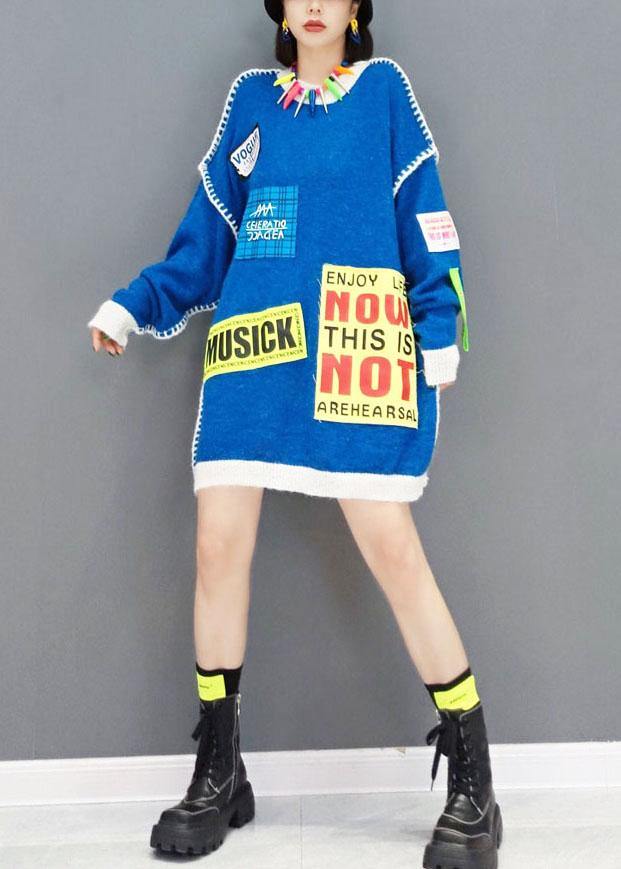 Natural Blue O-neck Patchwork Fall Long Knit Dress