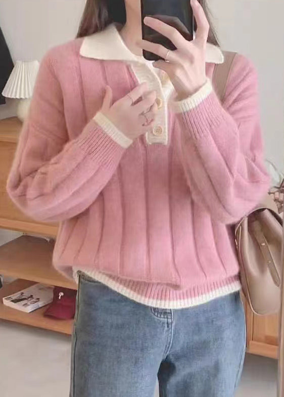 Pink Peter Pan Collar Patchwork Cozy Knit Sweaters Fall