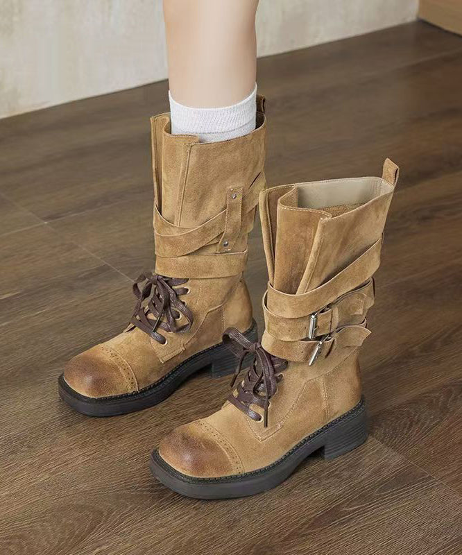Coffee Suede Lace Up Splicing Chunky Boots