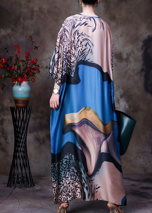 Blue V Neck Patchwork Print Drawstring Pockets Silk Dress Long Sleeve