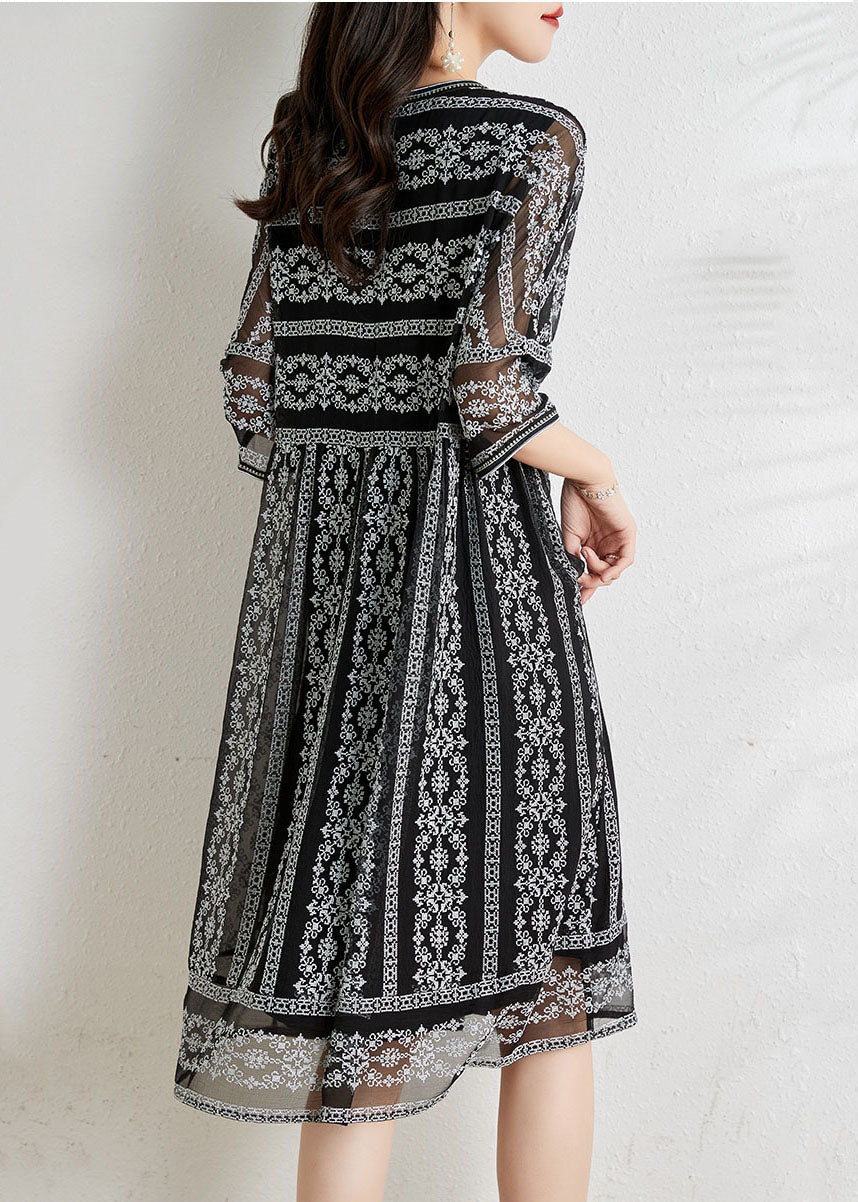 Black O-neck Draping Embroideried Silk Dresses Summer
