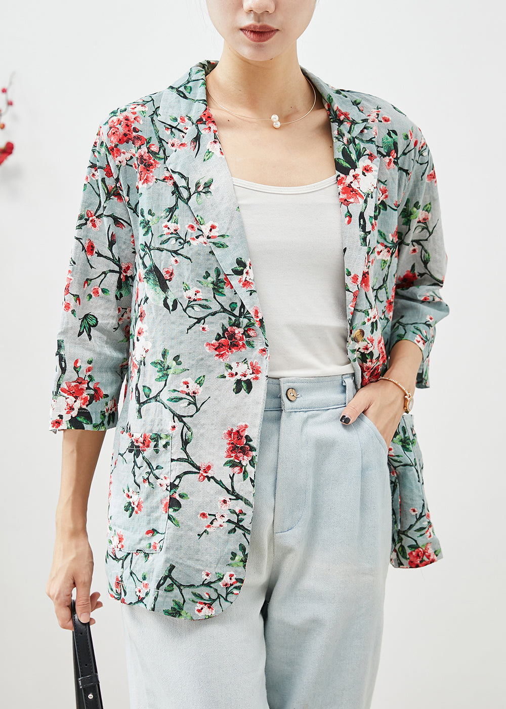 Slim Fit Plum Blossom Print Pockets Linen Coats Half Sleeve