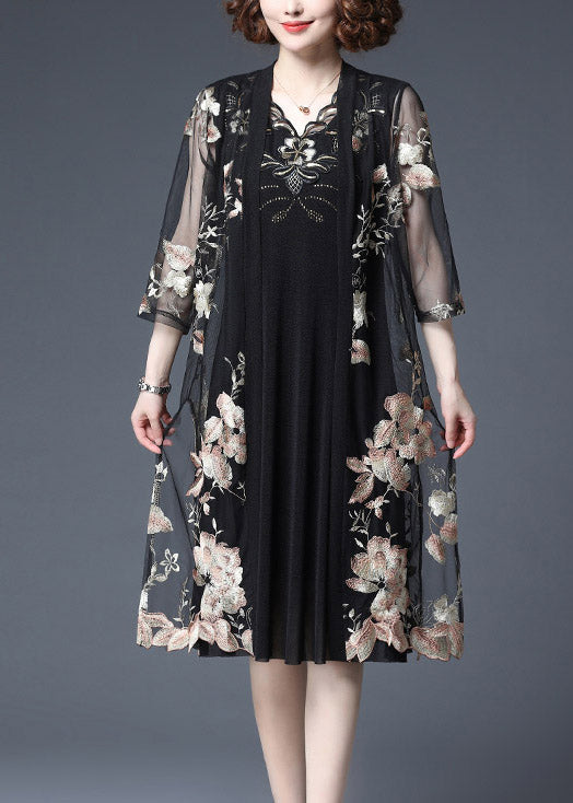 Yellow Embroideried V Neck Tulle Cardigans and Tank Dress Two Piece Set Half Sleeve