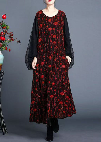 New Black O Neck Print Patchwork Tulle Long Dresses Winter