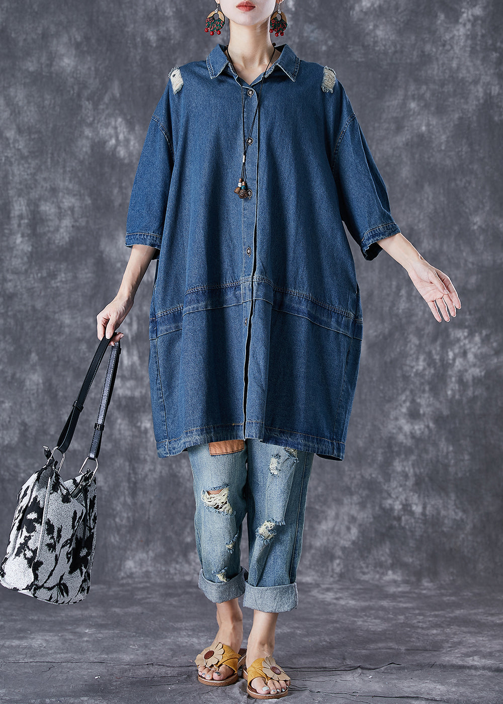 Blue Oversized Patchwork Denim Ripped Trench Coats Fall