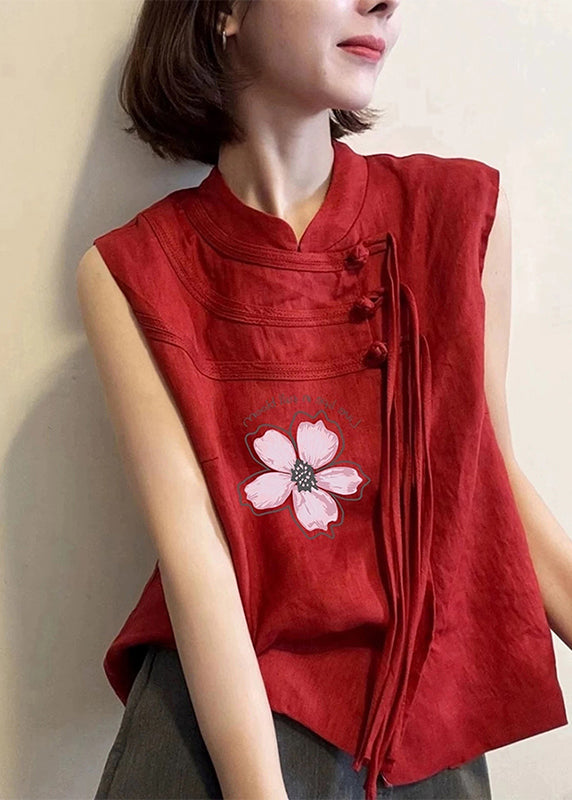 Red Tassel Oriental Button Cotton Top Sleeveless